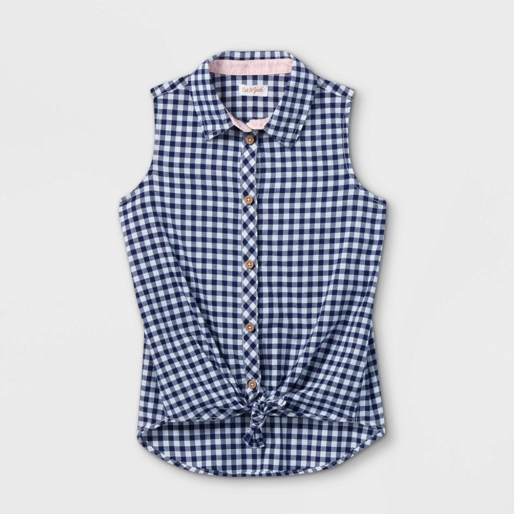 3/$20🌟Cat & Jack Navy White Checker Gingham Sleeveless Tie Top Size Large 10-12